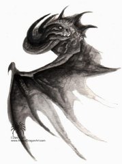 Dragon Bloodlines - Maloch  A black dragon of the Maloch bloodline, as denoted by the short head, sweeping horns and shadowy appearance. Often referred to as wraith dragons since they're very much with the 'silent predator' thing and don't much like to be seen.  Goache and ink.