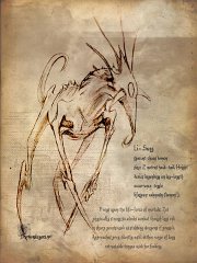 Chaos Demons - Li-Sung  Class: lesser chaos demon The elegant Li-sung are a race of chaos demon rarely found further north than the World's Spine (the chain of mountains consisting of the Dragon Mtns, the Tenra Plateau and the Grey Mtns). They are very shy of being seen and not possessing great physical strength they will never instigate a frontal attack. Instead they stalk thier victim, taking the time to assess their strengths and weaknesses, waiting for their guard to drop. Then they will strike.  Li-sung have a long, needle-sharp retractable tongue with which they will latch on to their victim. Rather like a giant mosquito. They feed on life force - of mortals or even other demons - and rarely drain their victim dry as leaving their prey in a weakened state to recover a little means they can come back for more.  Ideally they feed while their prey sleeps leaving them none the wiser save for a strange puncture mark left by the li-sung's tongue but if they have to they will attack whilst their prey is awake, impaling them to the ground with their long, sharp limbs. Usually they only do this in desperation for a meal and will either drain them dry, or leave them too weak to recover and they die of exposure. This isn't an idea situation for the li-sung as it means they can't come back for more later.  As they are incredibly agile, li-sung prefer difficult, rocky terrain with lots of places to hide like in mountain regions where their dull colour blends well with the surroundings.