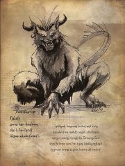 Chaos Demons - Nadath  Class: Lesser chaos demon It is thought the race of lesser demons known as the Nadath are descended from the remains of the ranwulf tribes that inhabited the region now known as the Ruined Land before the Dreaming Gate opened. When the Nine Gates opened and the Dreaming Gate spewed forth the raw stuff of chaos these untamed magical energies ravaged Caevalonia's southern lands, destroying almost everything and leaving whatever survived altered and twisted into dark beings that share the chaos realm's inhabitants' hatred for Tymaera's rightful inhabitants and the chaos demon's envy for their being given the right to exist which they were denied.  The nadath are lesser demons, mortal and possessed of no magical abilities though they are intelligent and possess reason. They make good pawns in battle, but the use to which greater demons mainly put them is as scouts, trackers, hunters and spies - tasks which their ranwulf ancestors would have been well suited for and at which the nadath excel.