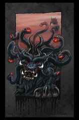 Dark Manticore  Media: Digital  Species: Dark Manticore  The corruptive magic that seeps from the Dreaming Gate does not just sustain the godless chaos demons that creep through with it. Insidious and unseen, it permeates the land and the creatures that inhabit it, warping them into foul entities that share their demon kindred's tastes for mortal death. Once turned, they are given to wander, spreading the taint of their corruption.  This creature is one of them. Once a manticore that lived in the Southlands, now a hideous aberration that has wandered north of the blighted lands beyond World's Spine. Though there have been many disappearances in its whereabouts the monster's existence is largely dismissed as rumour or mis-attributed to any one of the dangerous creatures that inhabit Caevalonia as no one has had a good look at this creature and lived. For if you are misfortunate enough to see the dark manticore, then it most definitely saw you first... : daemonslayers, project, oc, original species, creature, tymaera, worldbuilding, manticore, gorgon, hybrid, dark manticore, evil, monster, monstrous, digital, colour, eyes, blood, bleeding, black, red