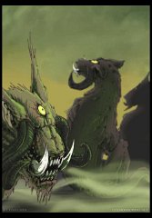 Lesser Demon - Nadadogs  Species: Nadadogs (lesser demon)  Not all Nadath are born with intellect. In fact, about half of all the demon hounds are little more than vicious animals with supernatural tracking instincts and can't even walk on two legs like their smarter siblings. Their appearances vary, so some look fairly canine, others have horns sprouting where their eyes should be, eyes where they shouldn't be etc. They're chaos demons, what do you expect? : daemonslayers, project, oc, original species, creature, tymaera, worldbuilding, demon, daemon, species, digital, colour, nadadogs, nadath, chaos, evil, green, canine, feral, horned