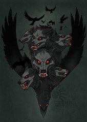 The Morvarg  The Morvarg. Supernatural wolves of the spirit world: they patrol its shadowy borders, hunting down anything that tries to make it back to the land of the living. Occasionally they come to the mortal plane to drag away unfortunates whose time is deemed to have come and those who attempt to cheat death. Their bite causes lycanthropy so anyone bitten by one and not dragged off to their realm is doomed to die and rise again as a dire (undead) werewolf. The Morvarg are not really undead themselves as they were never alive in the first place.  Generally they appear at first glance as large, black wolves with glowing green or red eyes. Very occasionally one may be white. This appearance can change, with their skeleton seeming to show through as a pattern in their fur and, if really riled up, any resemblance to a living creature will vanish and what remains will be a very angry skeleton surrounded by smoke, burning inside with in inner balefire light that sears the soul. They are almost always accompanied by unnatural crows which are an extension of their being, scouting afar for them.   paper texture by Hibbary.deviantart.com