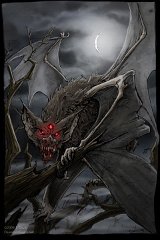 Vampire  Class: Undead  Most vampires merely turn, when about to feed, reveal their hideous true forms. Some however become too far gone and permanently become something else entirely. : vampire, bat, undead