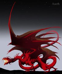 Dragon - Azeth the Dracyre  Character: Azeth  As the title suggests he's a vampiric dragon i.e. a dracyre. They're slightly more common than dracoliches and are equally despised by normal dragons for being an aberration to the species.  Azeth features early on in the Daemonslayers and gets a mention in 'Heritage' ... he was the creature that moved into Uth Nagor during Bloodbane's 'absence' and Shade and Blackjack (with a little help - it's also the story where Raven first shows up) have to get the unwelcome squatter to move on.  Those fangs there flick forward when he bares his teeth to strike, otherwise they are swept back against the outside of his upper jaw. : vampire, dragon, dracyre, evil, red, undead, vampyre, fangs, full body, daemonslayers, project, character, OC, schemeing, cruel, cg