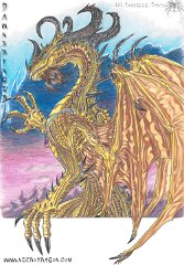 Light of Dawn  Media: colour pencils on A4 bristol board Character:  "Dawnbringer"    Dawnbringer. Legendary as one of Kalganos's first 'children'. Tsingsagroth was the first goldren dragon. To start with, legend had it that the first twelve dragons were of no colour and only earned their colouration through their actions. They then passed their colour on to their offspring and so the different colours of dragons were created..  The story goes that during the stuggles of the gods in the Age of Immortals, the dark gods banded together behind the God of Dusk and sealed the sky with eternal twilight, Six of the twelve first dragons did not care, but the other six did. The strongest of them flew up to touch the sky and, with his great claws, tore the veil of dusk, sundering night and bringing light to the world once more. As the sunlight streamed through it's rays touched his scales making them shine like gold. And so the first goldren dragon came to be. : daemonslayers, lore, legend, dragon, dawnbringer, character, world building, story, gold, gold dragon, pencils, pencil crayons