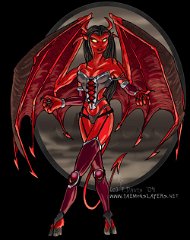 Profile pic - Adreena  Character:  Adreena   Adreena is every bit as cruel, sadistic and evil of nature as her sister Aster. However there is one major difference: Adreena cannot willingly harm mortals. They hate each other and were involved in bitter rivalry over Saragoth's affections. Out of sheer spite, Aster cast a spell on her sister, a curse that prevented her from deliberately harming mortals and therefore preventing Adreena from indulging in her favourite past-time - the torturing and killing of those weaker than her. Adreena became a laughing stock and left the demon city of Khisan in disgrace, swearing terrible vengeance on her sister. Without the magical knowhow to reverse the curse, Adreena now hunts immortals, demons and otherwise in order to satisfy her bloodlust and cruel desires.