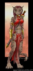 Profile pic - Katlinia  Character:  Katlinia  Appears in: 'Descent' (so far)   Moorin 's wife, Katlinia. She was (and still is at heart) an adventurer and a treasure-seeker, which is how she met her multi-limbed husband (he rescued her from a dragon).  She has journeyed far and wide in her relatively short life, and come a long way from the steamy jungles of her homeland. Now she and Moorin have settled down and had a daughter, they live fairly near Southrot so they run into the Daemonslayers more often than Katlinia would like (she thinks Shade and Soul are all right but disapproves very strongly of Moorin's friendship with Blackjack since she thinks he's no good for anyone.