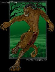Profile pic - Vorph  Character: Vorph  Beastlord Vorph Quick, ferocious, cunning and intelligent, Beastlord Vorph holds sway over the lower, more bestial species of lesser demons: the pure demons, known as hellbeasts (eg. hellhounds, hellcats, kelpies, nightmares etc) and of fellbeasts: once-natural creatures that have been mutated by the damaging magic pervasive on Tymaera to become demonic, evil creatures (eg. necaxa, scratin, dire wolves, trethaks). Unlike many of the other Lords of Darkness, he does not spend much time at the dreadful city of Khisan in the Wasted Lands to the south of the mountain ranges that form the Land's Spine. Instead he travels the wilds of northern Caevalonia, particularly liking its ancient, haunted forests and its dark, steamy jungles. As such he is a menace and a sworn enemy of those peoples who are typically dweller in these places: silvaris (wood elves), the degarii (Caevalonia's feline half-beast race) and even the fay races (both good and evil) all of whom Vorph finds great amusement in plaguing with his minions. A particular 'hobby' of his is hunting unicorns (not the dire unicorns though since they're already demon-tainted). On the rare occasions he wears armour (warfare and certain ceremonies) his is adorned with the silver horns of those he has slain.  Although dragons are generally sworn enemies of chaos demons (their influence damages the very fabric of the world and, since dragons were originally created as guardians of the prime material plane they find the presence of demons abhorrant) there are some exceptions. The evil green dragon Witchblight is one such exception as she has forged an alliance with the Beastlord.