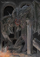 The Dragon in the Darkness  Media: Digital Character:  "Thrax Morthrul"   The evil dragon who jealously guards the fallen Elven city of Uth Sarthan and the secrets it keeps.  You can skip this bit if you want ... Years after the Separation of the Elven races, the Solaris (the High Elves) still maintained their rule over the fabulous fortress-city of Uth Sarthan. But they became greedy and haughty and in their decadence imposed heavy taxes on all goods that came up from the south through the trading route their fortress protected. But greed drove other peoples too and a great hoard of barbarians, both human and ranwulf from the plains of the Tenra plataeu behind Uth Sarthan attacked the city seeking to plunder its wealth. The better trained and better equipped elves won though, and the barbarians retired to lick their wounds. But one particular chieftain had the bright idea to forge an unholy alliance with an awful dragon who was known to terrorise that region. Motivated by greed, Thrax Morthrul agreed to ally with the barbarians (although secretly he had no intention of sharing the elves' bounty and planned to destroy his allies once the city fell.  The timing though was unfortunate for just as Thrax was attacking the city a great earthquake occurred, opening a ravine beneath the city into which all of Uth Sarthan, its people and the dragon fell. This earthquake was caused by the opening of the Nine Gates, brought about through a chain reaction caused by the first demon incursion into Tymaera through the Dreaming Gate in the lands far to the south. The fissure in the earth closed up, trapping the dragon who was the soul survivor of the calamity.  Now Thrax Morthrul jealously guards the ruins of the city, and his hoard formed of the countless treasures it once contained. Occasionally treasure-hunters find ways through the labyrinthine caves beneath the mountains to find the city, but all they encounter there is death at Thrax's jaws. But more than just guardian of Uth Sarthan, Thrax Morthrul is custodian of the Shadow Gate, which leads into the Lower Planes. Not only does he stop foolish mortals from entering the Gate, he is also the world's defence against any of the creeping horrors that try to come out of it. It keeps him occupied.. : daemonslayers, legendary dragon, dragon, black, evil, thrax, morthrul, dark, full body, ruin, fire, lurking, cruel, character, oc, digital