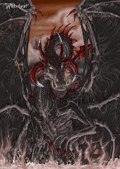 Winterheart the False Goddess  Media: Digital Character:  "Winterheart"   Quite possibly the most evil and feared dragon ever to have existed on Tymaera, Winterheart's name is spoken as if it were a curse even by the gods. An ancient beast even in the Age of Immortals, she followed the lesser deity Laythren, god of Vices. Until her own arrogance led her to think she could do a better job. She challenged Laythren to battle and won. Defeated he pleaded for mercy but, true to what her name suggests, Winterheart knew nothing of mercy. She slew him and claimed his status and godhood for her own. The other gods were furious at this mortal's behaviour and refused to acknowledge her Ascension. Moreover, they demanded of the Patron of Dragons, the demi-god Kalganos, that she be punished. Privately rather pleased with Winterheart's actions, he was lenient compared to their demands... The 'False Goddess', as she became known, is cursed to sleep only awakening briefly once every ten thousand years when her ragged shadow will cover the land and her dreams of destruction become terrible reality : daemonslayers, winterheart, world building, character, oc, dragon, dragoness, goddess, evil, black, red, detailed, full body, portrait, rising, terrible