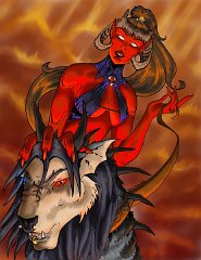 'Demon Fantasy' by Frostdrake  "Demon Fantasy "  Artwork by:  FrostDrake  Description: "Well...here goes nothing. This is my entry for drakhenliche 's Contest. I reeeaaally want that tablet...using the mouse to do this sucks... Rules for the contest were to have a couple of her characters interacting. Now...I read up on the bios for a bunch of these, and waaaay down at the bottom of Aster's bio (the demon lady), it said something about how she dreamed of taking out her revenge on BlackJack (other dude) for skewering her earlier. So - I figured, what the hey - Demons can dream too right? Well, it at least made for a non-standard interaction...heh... " Blackjack and Aster copyright Drakhenliche Artwork copyright FrostDrake