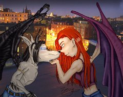 In the dark tsuana  "In The Dark " by Tsuana  Description: "Tsuana (mine), and Blackjack (dragonchiche's) characters on a rooftop. Tsuana's sugguesting something raunchy to blackjack who's suprised at the offer. Mostly I decided to do something like this since i'm not good at multi-character action poses and the other things I tried were too mature to post. In fact, those never left the rough sketch stage... but at least it gave me something to play with while I was away on my surgury. And also Tsuana is representing me in my stage of emotional development right now, i'm willing to try all kinds of new things too. I hope I don't offended dragoncliche as her character's somewhat um... not as cute and fuzzy as i'm in the habit of making characters... my perpetual cuteness virus... here goes! " Blackjack copyright Drakhenliche Tsuana and artwork copyright Tsuana