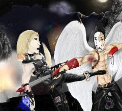 Le Combattre  Finished FV by Underpants  "Le Combattre " by Underpants Artist link :  DeviantArt  Description: "Featuring her character Shade (left), who is in all means copy right to her. I just fell in love with this character as soon as I saw his refs. and decided to make an all-out battle between Darren and him. Which I hope is displayed in my best abilities here..... Darren, the messed-up and much aged, in this pic., angel to the right is copyright to me. So now, to the story. This can be interpreted as many things, but to me, as I made it I just kind of imagined this hush of excitement from Orks or some other rather unpleasant population who live in the mountain cheering on two warriors for a death battle. The fireworks commencing the battle, the sparks of the fire burning on their backs and the blue-fire barriers keeping them on the smooth marble plateau. P.S. There are no lizard deaths in this one. XD ---------------------------------------------------------------------------------------------------------------------------------------------------- The torches on the mountain lit. Darren stepped into the ring, blue flames spurting out of the smooth rock ground. The signal fires startled, Shade, the daemon slayer, as he turned around to face his opponent. As the eyes in the crowd grew more anxious, waiting for the battle to commence, the two unsheathed their swords.... Sparkles, fireworks, fire hitting the sky- the two dashed at each other. A fight that would end an eternity of misery and anguish began, soon sending the crowd in awe. The angel prince was going to die. First his mask, his identity would show." Shade copyright Drakhenliche Darren and artwork copyright Underpants
