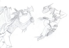 battle in darkness fyrenwater  "Battle In Darkness" by FyreNWater  Description: "the Daemonslayers were going through a few towns that had been attacked by the oddest demon. townspeople claimed it was completely covered in bandages, others said shadows and darkness followed it wherever it went. there was a trail of destruction that went through several towns. there seemed to be no motive at all, just random murders, floods, and things burned down. finally, they split up to track this thing. Blackjack was passing through a freshly burnt field, an aura of evil drifting through it. suddenly, fireballs began to fly at him, nearly stirking him as he leapt to the side. he turned and faced the creature that was feared in the parts. it was not a demon, but instead a drakenthrope with the most evil and sadistic thoughts in his psychotic mind: Maharuko. immediately the two engaged in a fierce battle, trading blows and just missing each other's claws. finally Blackjack pulled out his axe and lunged at Maharuko. "this ends now, demon!" he yelled. Maharuko swiftly leapt backwards, summoning a spell of darkness. "oh, i'm not a demon." Maharuko replied telepathically. "i'm much worse..." with a sweep of his arm, the field went pitch black, and the sound of Maharuko's mad laughter filled Blackjack's ears..." Blackjack copyright Drakhenliche Maharuko and artwork copyright FyreNWater (R.Lau)