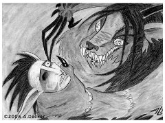 contest drakky  "Daemonslayer v. demon"  Artist links :  Drakky  Daemonslayer, right? And Rayd's half-demon, soo.. One of Rayd's nightmares, plucked straight from the fitfully sleeping mind. That'll explain to ya why none of the details are quite right. Yea, that'll do it. It's a dream DAMMIT. I let my wrist go all swoopy instead of controlling with much neurosis every tiny turn of my pencil. I think I like this pic. I think scanners make pencil works look just horrid. Blackjack (c) I. Davis Rayd (c) A. Decker "