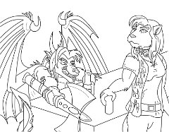 kayngi 2 mybeer  "My Beer " by Kayngi Artist link :  Deviantart  Description: "Firsa idly reached behind her for her drink as she scanned the pub. Sensing a change in air currents around her forearm rather than actually feeling it, she jerked her hand away, just in time to avoid a massive axe. She looked up at the growling owner of the axe, a dracosvulf. "My beer!" Blackjack snarled, bringing his drink closer to himself. Flicking her eyes to the bar, she noticed how close their drinks had been. She must have inadvertently reached for the wrong one. She covered her own glass with her hand and nodded to the dracosvulf. "Your beer," she said with a shrug. This seemed to satisfy him, for he tipped his beer back and downed it. Firsa shook her head and returned to scanning the pub. " Blackjack copyright Drakhenliche Artwork and Firsa copyright Kayngi