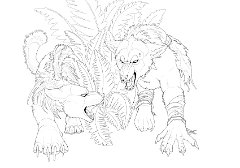 lhunemeetsshadecopy9ge  "Lhune Meets Shade " by Lhune Artist links : Deviantart  Description: " This is the lineart of my contest entry. I'm not going to color it, because I'm not going to make it before the deadline, and I got kinda tired of the drawing . But I decided to submit the drawing with the story behind it as well. I'm not a good writer, so please don't go to hard on me with the story (if you're going to read it anyway ). ”… Lhune held still for a moment, and lowered her head, pointing up her ears. She listened carefully. And there was the sound again. A low, deep growl. She took another step towards the big varen-like bush, from which the sound came. She tried to catch the scent of whatever was out there. Another two steps. She was now only a few more steps away from the bush. There was a subdued, whispering sound, as a soft breeze blew through the trees above her. She waited for the breeze to pass, and concentrated on the more uncommon sounds again. Her glowing eyes softly lightened the ground in front of her. Not that she needed the extra light; she could see perfectly well in the dark. Suddenly, she heard a crack. It sounded like an old, dead twig being broken by something heavy standing on it. It was again a sound from behind the varen. The big leaves blocked her sight. She stood still for a moment, and closed her eyes. This way, she fully concentrated on the sounds she could hear. But there was nothing. No sound. It was strangely quiet in the forest. Apparently, the loud, cracking sound had surprised the creatures around her. In this odd silence, Lhune could almost feel them listening… However, slowly, the more common sounds started again; birds jumping from branch to branch, squirrels running through the leaves, collecting food for the coming winter. She took the last steps towards the bush, and sank through her legs, almost lying down. One of the big varen leaves stroke her mane. At that moment, when it was really quiet, she swore she could hear something breathe. She took only one more step. In the corner of her eye, she saw something doing exactly the same thing. She turned her head, and her eyes met those of a wolf. Not a normal wolf though, this one was a lot bigger and more muscular. His eyes were glowing too, and his nose and eyebrow were pierced. Both out of surprise and fear, she pulled up her lips, showed him her teeth, and growled. Almost immediately realising that had been a mistake; the wolf did the same thing…” This is pretty much the story I had in mind while drawing this. I wanted to capture the moment where Lhune met Shade, and when she snarled at him (and otherwise). " Shade copyright Drakhenliche Artwork and Lhune copyright Lhune