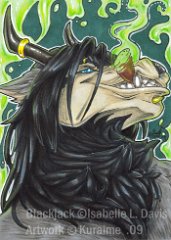 Smokin Blackjack by Kuraime  Artist:  Kuraime  ATC trade with Kuraime. This is the rather awesome one she's done of Blackjack! Heheh, I loves it! He looks very pleased with himself... possibly because he knows he's ruining everyone else's evening with that unwholesome looking smoke there.
