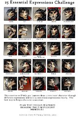 25 Expressions Challenge  Phew, that was good practice. And fun. I wasn't planning to colour it but i got carried away.  I suspect in the 'annoyed' one the subject of his annoyance is me making him pull all these faces.  I changed a couple of expressions from the original template http://napalmnacey.deviantart.com/art/25-Essential-Expressions-55523083