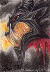 ACEO Ember  Media: Pastels 2.5x3.5" artist card  Character: Ember (appears in  Heritage ). : ACEO, daemonslayers, ember, OC, dragon, black, red, evil, mean, fire, character, pastels