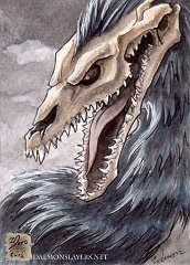 ACEO Sepuket  Quick ACEO in markers of a sepuket. : sepuket, undead, creature, original species, blue, grey, fur, skull, face, teeth, watercolour, watercolor, aceo, atc, artist trading card