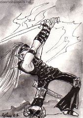 ACEO Shade  Media: Media: Pen and ink, chinese ink block. 2.5.x.5 artist trading card. : ACEO, ATC, shade, daemonslayers, character, OC, project, sword, human, male, werewolf
