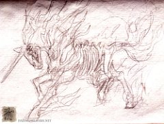 Dire unicorn sketch  Dire unicorn, this one being Firestorm. : dire unicorn, evil, skeleton, burning, fire, firestorm, flames, sketch