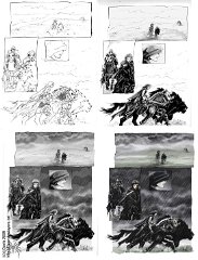 Page Progression  I'd been asked a few times now how I go about drawing the pages for 'Heritage'. So here's the skinny: Start off with a thumbnail sketched (not pictured because they look like crap), sketch out the page proper (again not pictured, same reason). Once that's done I ink the lines. For this I use Deleter no.1 black ink and Deleter dip-ink pens. G-pen for most of the lines, changing to a mapping nip for the thinnest lines. I use Letraset comic book paper... for a while I used Deleter paper but it doesn't hold the ink so well on the wash stage. Which brings me on to... The wash stage! Once the ink's dry (that's rather important) I rub out the pencils and come in with kolinsky sable brushes (Winsor&Newton Series 7) with Deleter ink. This time I use no.5 since that seems to work nicest with washes. Once inked and dried I then use Photoshop to add more shading and atmosphere. For this particular page I decided to add colour but usually I stop at the greyscale stage.
