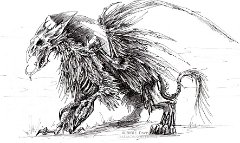 Zombie Griffin  Character: undead gryphon. Appears in: Heritage : Undead, griffin, gryphon, evil, fell, monster, zombie, heritage, daemonslayers, character, comic, pen and ink, black and white, greyscale