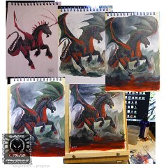 knightmare progress  Media: Acrylic paint on mixed media paper. A4.  Progress images of acrylic painting of Knightmare, just galloping happily along through what seems to be a rather large pool of blood. As you do. : knightmare, dire, unicorn, dire unicorn, painting, progression, acrylic, OC, original character, character, daemonslayers