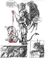A Short Snappy Tale of Death   Blackjack  never liked Weasel Firefox but he kept him around as a dragonthrall (i.e. in his service in return for longevity) since he was a useful source of information. Up until the point Weasel struck tried to double-cross him. Black' wouldn't have taken it quite so personally if Shade and Soul hadn't been dragged into the matter and the three Daemonslayers almost killed. He bides his time and eventually takes revenge on Weasel: cutting his throat and leaving him for dead. What he doesn't realise is after he leaves, Saragoth turns up and makes Weasel an offer he can't refuse... I'll probably put a better explanation on my site once I get Weasel's bio done. : blackjack, syrax, daemonslayers, comic, short, violent, blood, project, character, OC