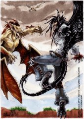 Dogfight  As in aerial combat. Blackjack v. fian demons (a type of lesser demon. it's meant to look more gangly than that but meh). Scene from the start of 'The Midnight Sorcerer' (not uploaded yet 'cos I need to finish 'Feed the Gods' first!) Good old Tria markers Played with a little in Photoshop. I like the original too so I might upload that with an excerpt from the story or something.