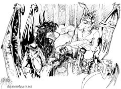 Explaining  Characters : Aarlsag, Yeni and Blackjack Part of an unwritten story. It turns out more dragons than just Syrax were transformed by Shine. Syrax was the first:creating Blackjack, but the spell had not yet been perfected and he eventually broke free of it's grip on his mind, at least. However, other dragons were not so lucky and bred in their new forms to create the race of dracosvulfs! Here Blackjack is explaining this to a sceptical Aarlsag, head of a southern dracosvulf clan. The little one is his son, Yeni.