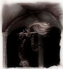 From The Shadows  this would be an illustration from 'Descent' except there's not nearly enough detail in the background to indicate this is the hellish underworld ruled by the Daemon Prince Izael. I might touch this one up in Photoshop - it could look a lot better!