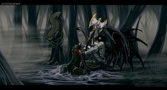 In the Dead Woods  Media: Digital   Blackjack  here finds himself having to play the altruist to get one of his companions out of a bind (already guaranteed to put him in a rotten mood).  This involves the collection of some awkward-to-gather spell ingredients for the Daemonslayers' ally the socially inepty alchemist Spur (who is useless at hands-on violence, confrontation, or pretty much anything that involves setting foot outside of his study) in order to break a curse.  One such ingredient is the eye of a still-living sarnwog - a particularly unpleasant swamp-dwelling amphibian somewhere between a crocodile, frog and gulper eel. Eye of Newt would have been too easy, it seems. : blackjack, daemonslayers, project, oc, tymaera, battle, fight, monsters, sarnwog, axe, unbinder, swamp, scene, trees, water, mist, fog