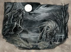 Trade Wolven Moon  Media: acrylics on A3 mixed media paper. Background added in Photoshop.  Werewolves from different worlds meet beneath the full moon. What happens next who knows...  My half of a trade featuring Verres from FA’s character Semyaza (right) and my werewolf Shade. It’s probably not going to end up a friendly meeting given my char’ is basically incapable of reason but who knows. Acrylics with a little photoshop to help at the end with the paper effect Shem (the werewolf on the left) belongs to  Verres . : werewolf, werewolves, meeting, full moon, full body, illustration, painting, characters, OC, original, undead, anthro, night, trade