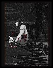 Wounded  Blackjack having a rough night but then if you go around hunting dangerous things like daemons then you're going to get hurt sooner or later...  Brush ink drawing greyscaled in Photoshop. Funny thing, this was originally going to be in colour but black and white worked much more dramatically.