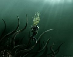 lurker  Media: Digital   Inspired by events in one of the opening chapters of 'Feed the Gods'. : shade, warrior, fighter, male, blonde, daemonslayer, daemonslayers, OC, project, undead, raven, lycanthrope, werewolf, dire werewolf, water, underwater, scene, story, feed the gods, dragged under, lurker, tentacles, monster, danger